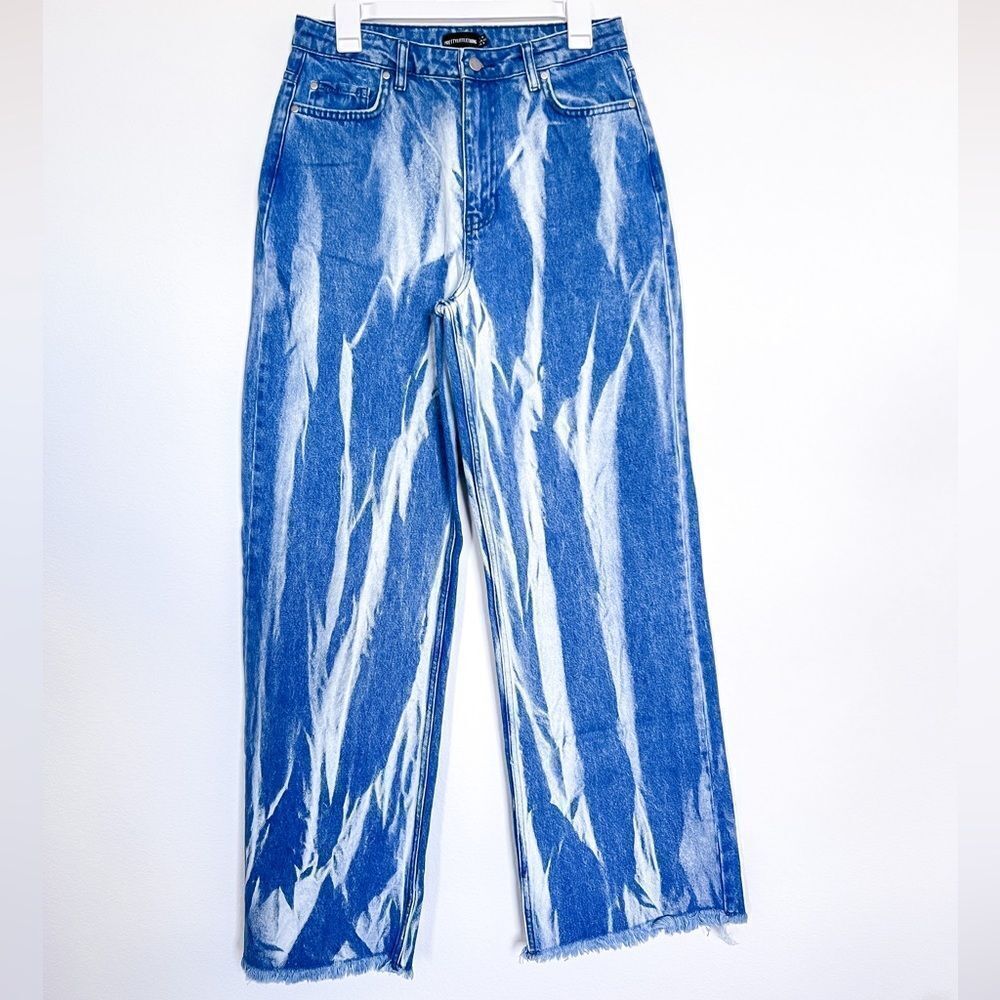 Pretty Little Thing Women's‎ Mid Blue Wash High Waist Tie Dye Wide Leg Jeans 8